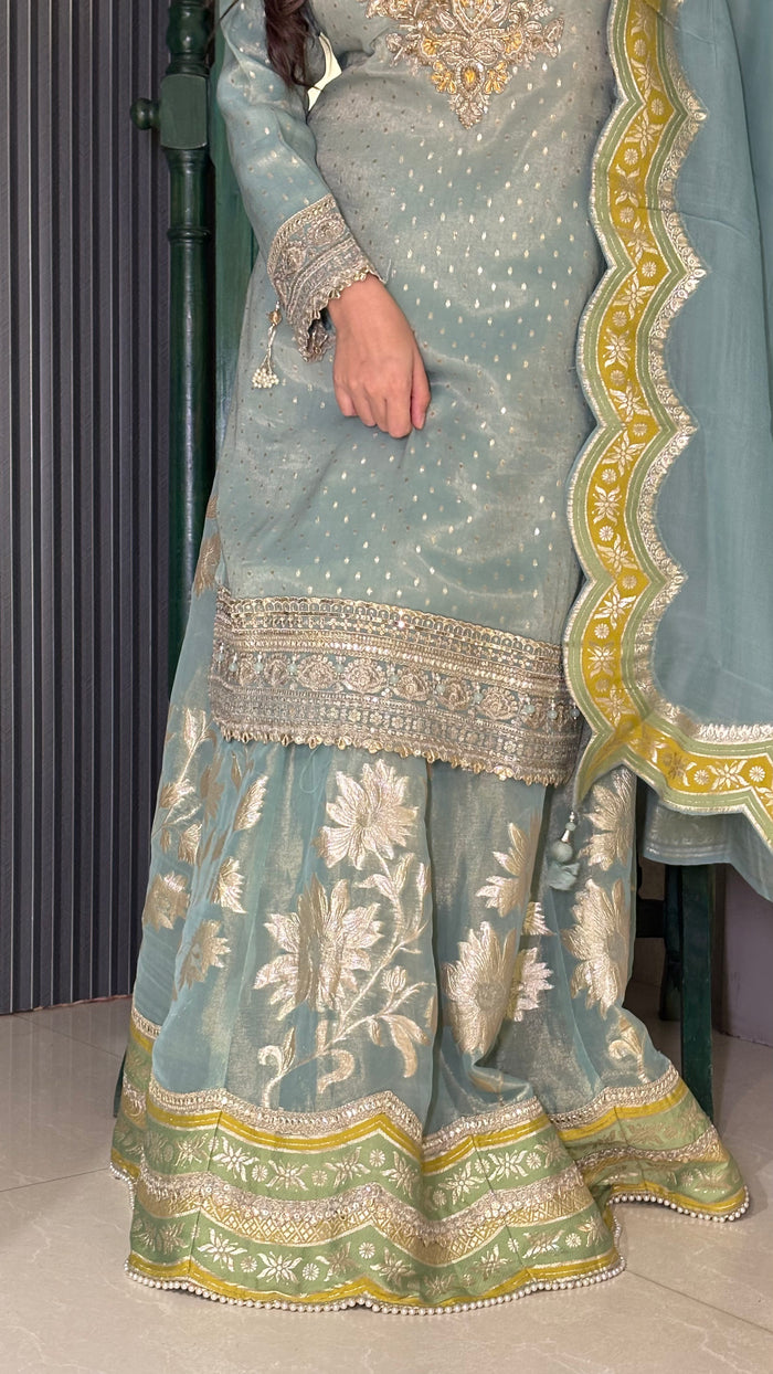 Banarasi Shimmer Suit  with Knot Work, Pearl & Sequin Zari Bottom