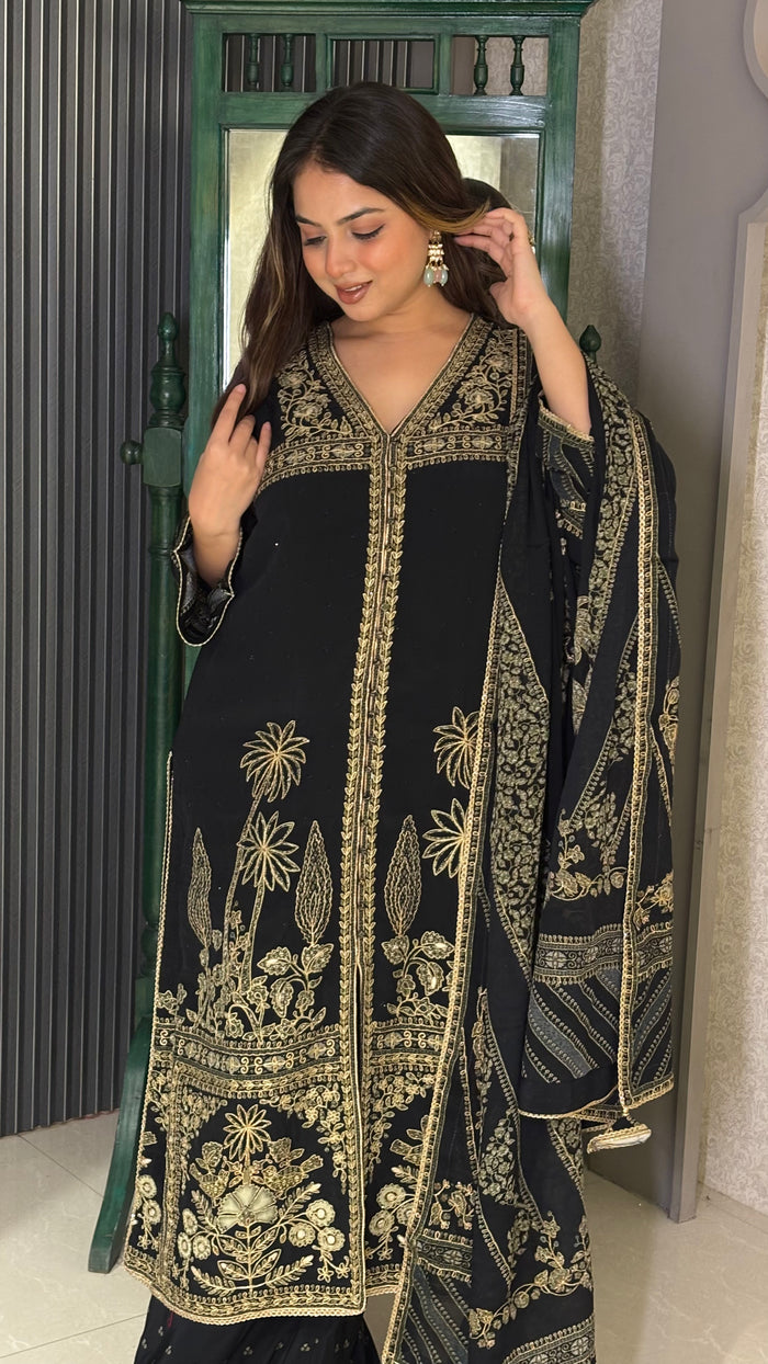 Crepe Digital Print Suit with Zari Outline & Gotta
