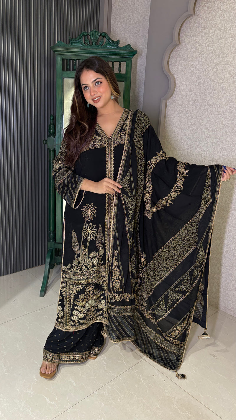 Crepe Digital Print Suit with Zari Outline & Gotta