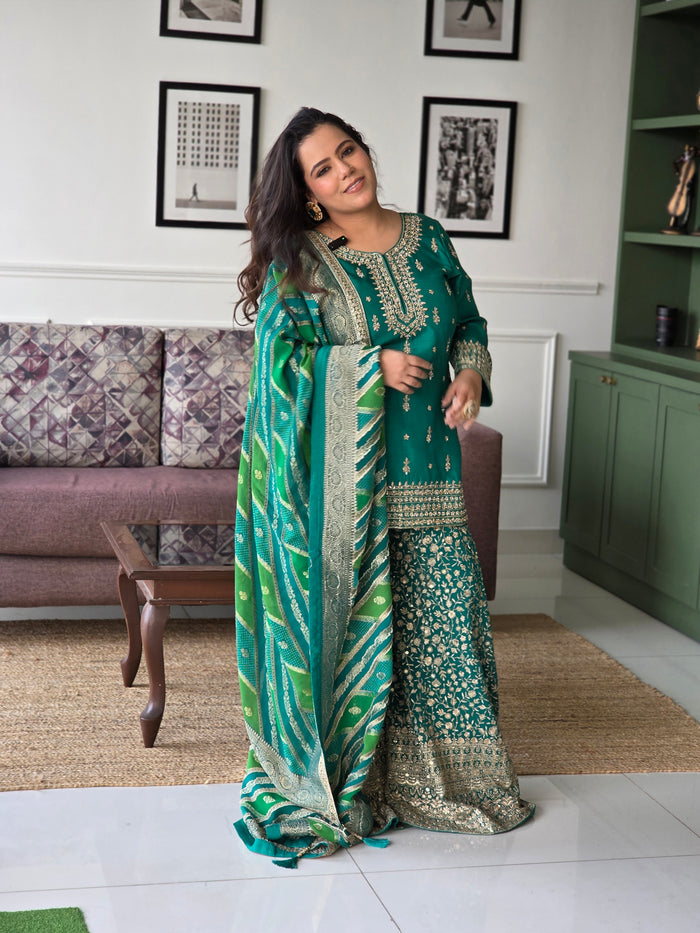 Silk shirt with dori work  Mirror Detailing banarsi duppatta neem zari work on bottoms