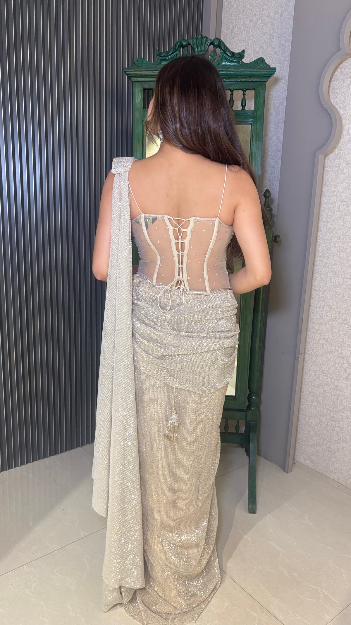 Handwork Corset Blouse with Sequin Saree – Drape Set