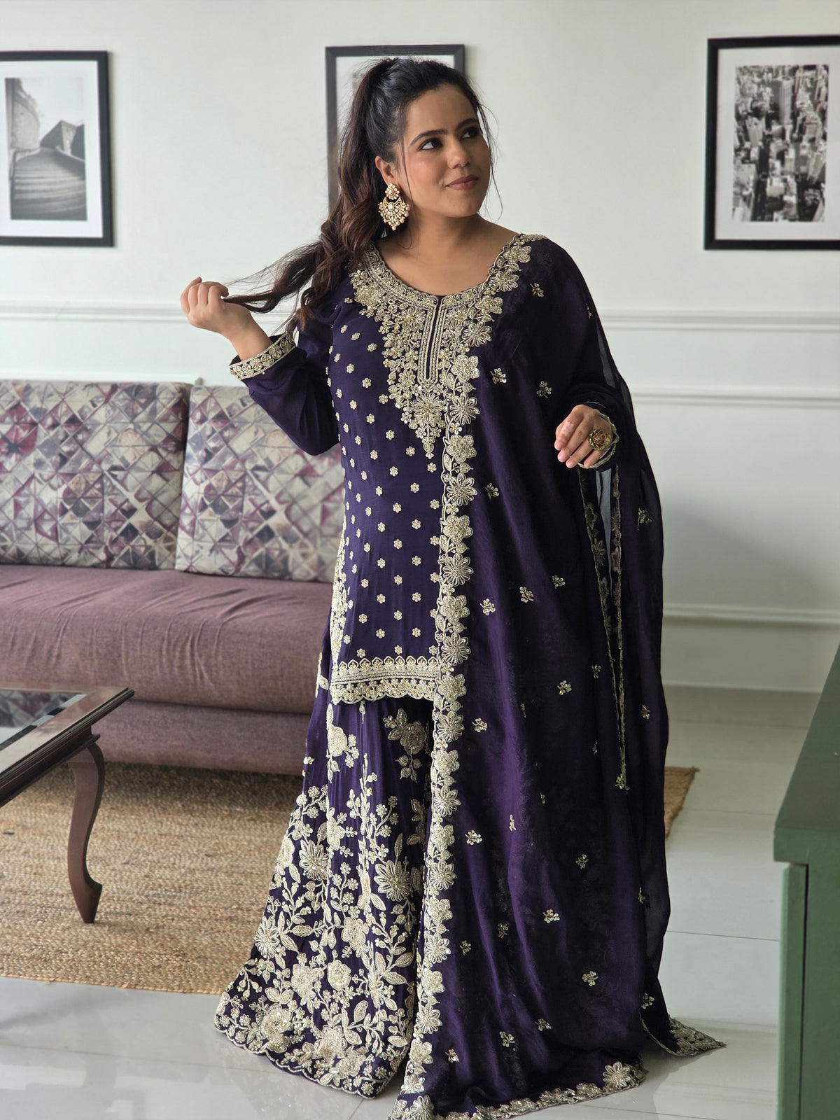 Dori Work Suit with Hand-Embellished Nalki, Cutdana, Pearls & Sequin Detailing