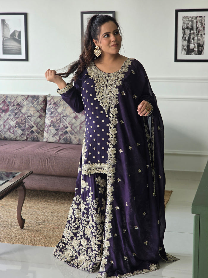 Dori Work Suit with Hand-Embellished Nalki, Cutdana, Pearls & Sequin Detailing