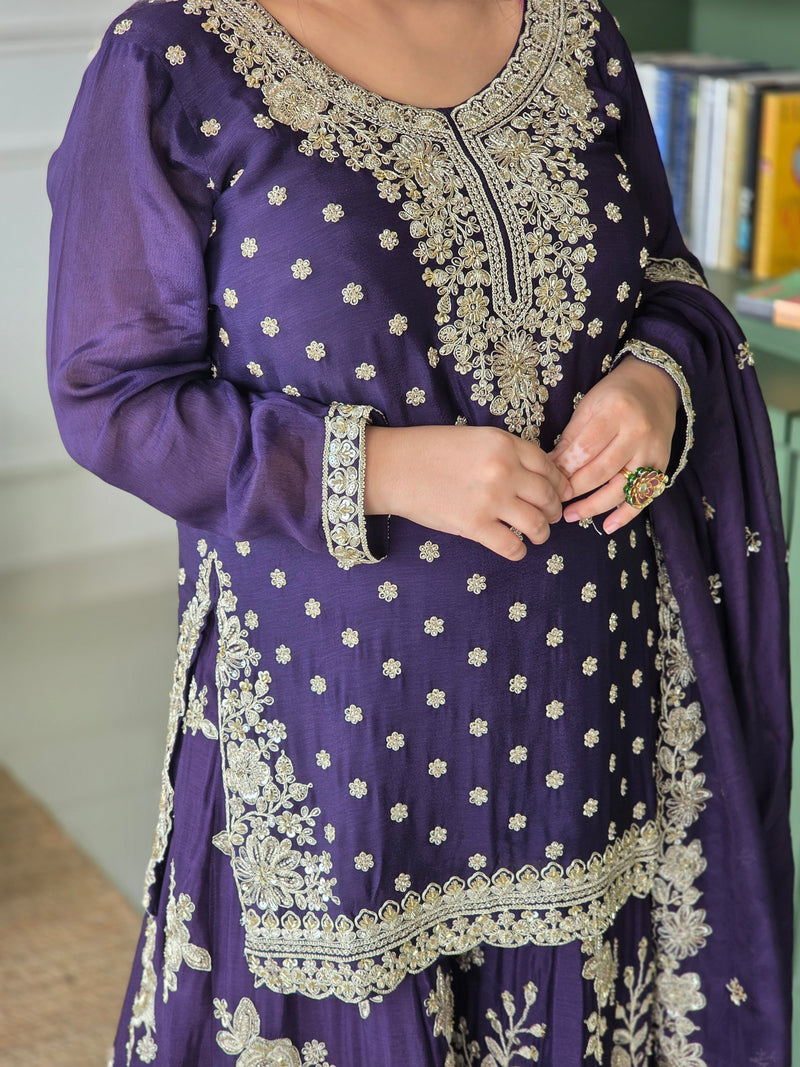 Dori Work Suit with Hand-Embellished Nalki, Cutdana, Pearls & Sequin Detailing