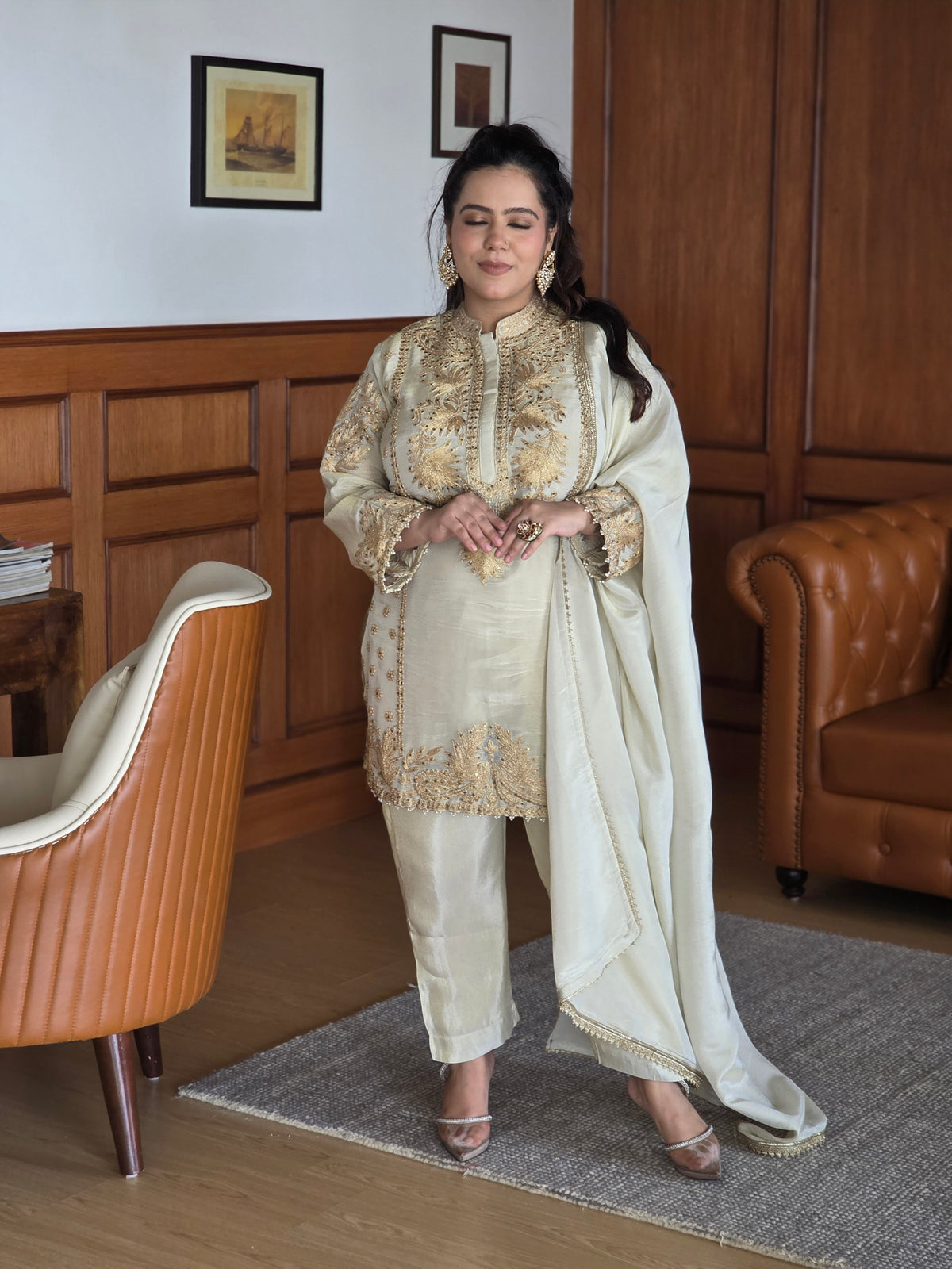 Shimmer silk fabric with gold dori work pearl detailing