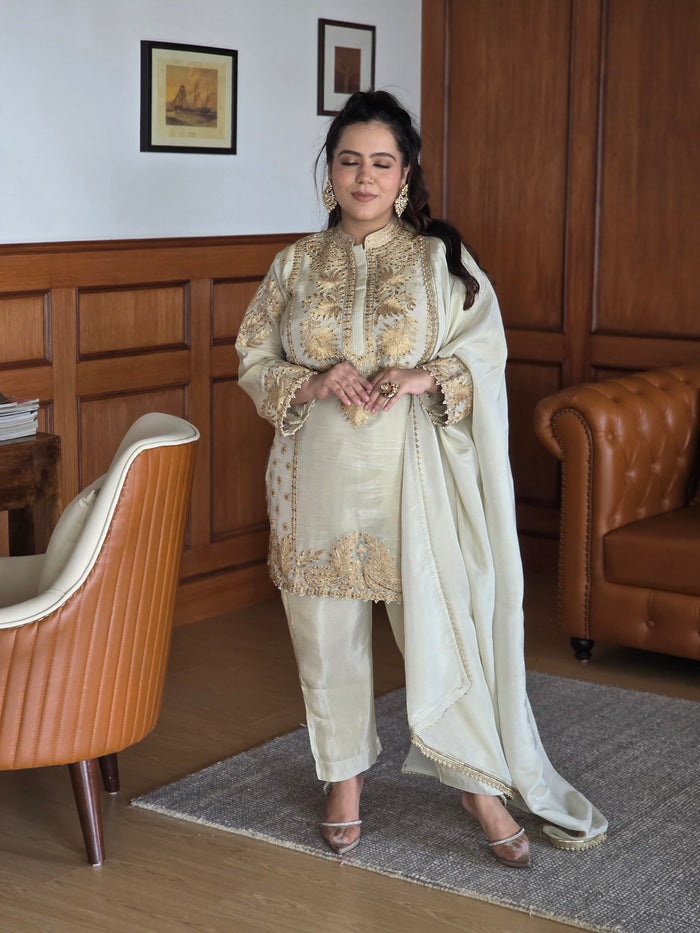 Shimmer silk fabric with gold dori work pearl detailing