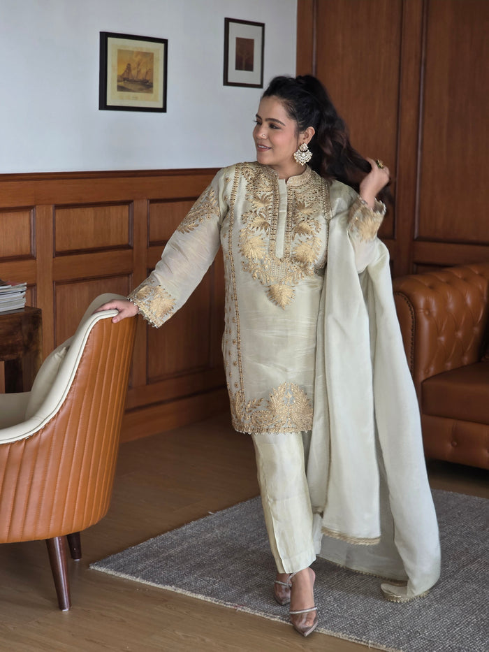 Shimmer silk fabric with gold dori work pearl detailing