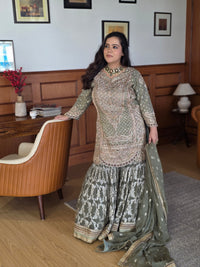 Dabka front and back jarkan work with pearls detailing  banarsi bottom finest art work by hand