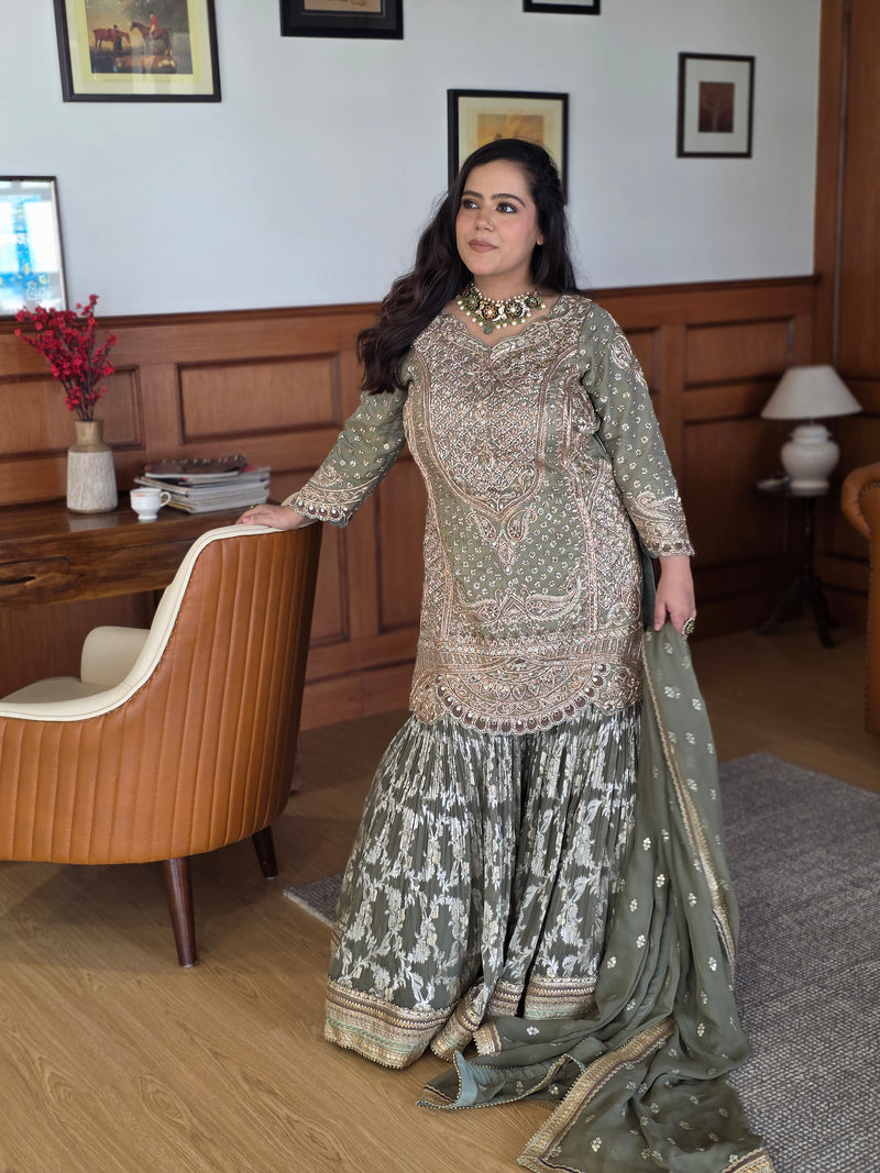Dabka front and back jarkan work with pearls detailing  banarsi bottom finest art work by hand