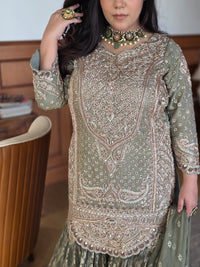 Dabka front and back jarkan work with pearls detailing  banarsi bottom finest art work by hand