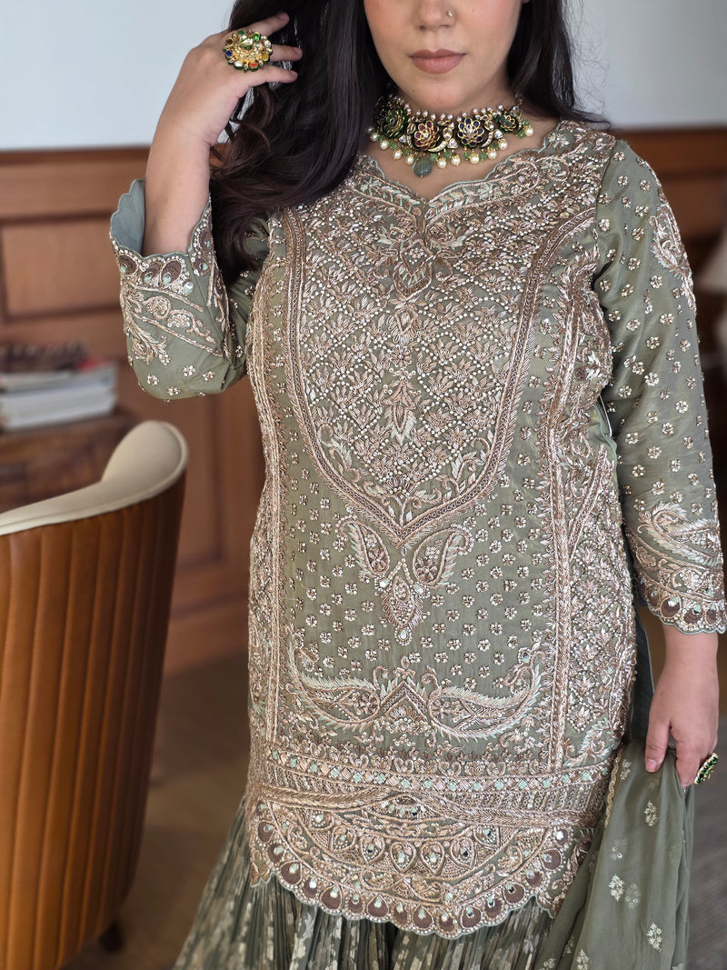 Dabka front and back jarkan work with pearls detailing  banarsi bottom finest art work by hand
