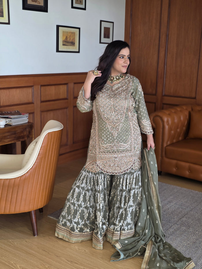 Dabka front and back jarkan work with pearls detailing  banarsi bottom finest art work by hand