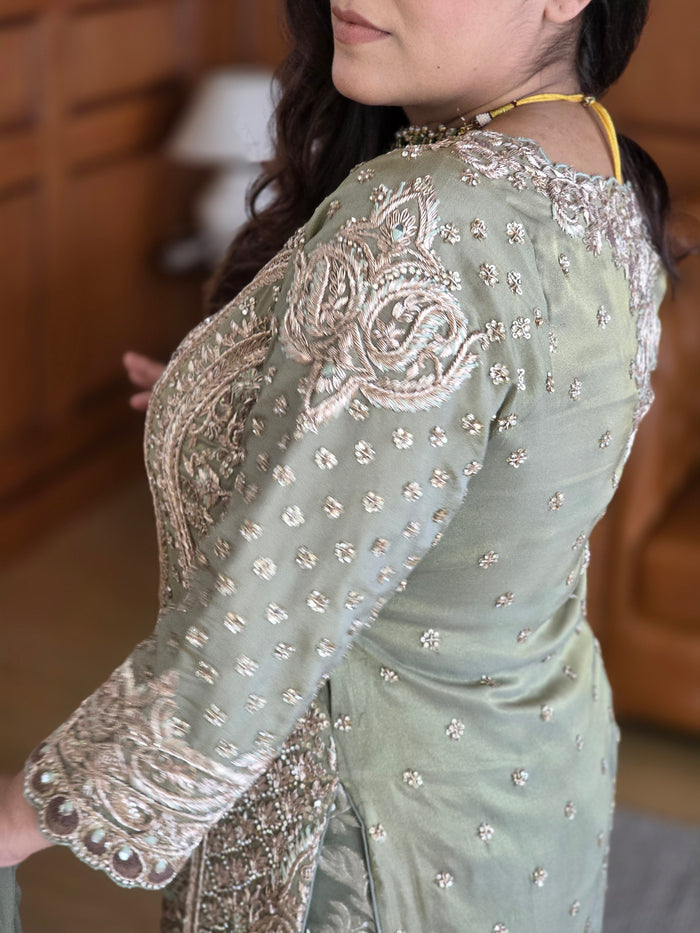 Dabka front and back jarkan work with pearls detailing  banarsi bottom finest art work by hand