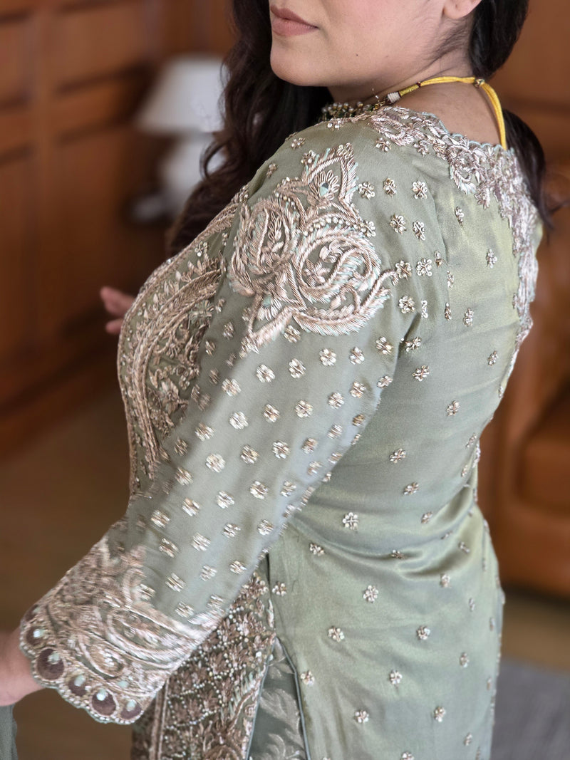 Dabka front and back jarkan work with pearls detailing  banarsi bottom finest art work by hand