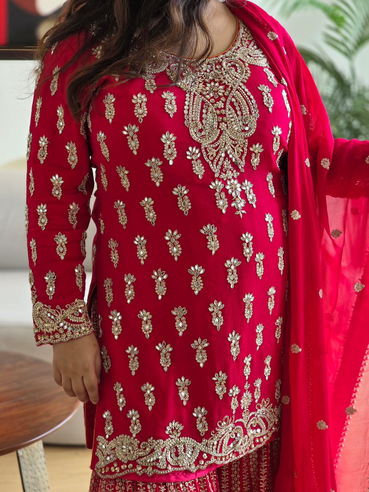 Georgette handwork Outfit with Mirror Detailing and zari work bottom