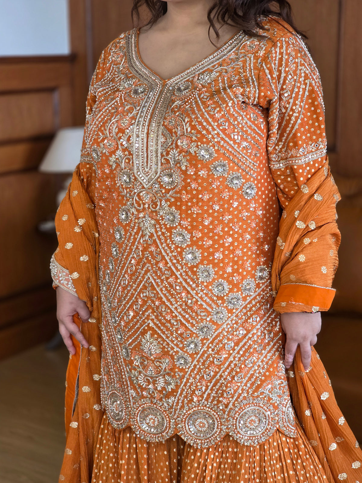 Shimmer silk fabric with banarsi weaving on shirt and garrara detailing dabka pearls sequin jarkan work