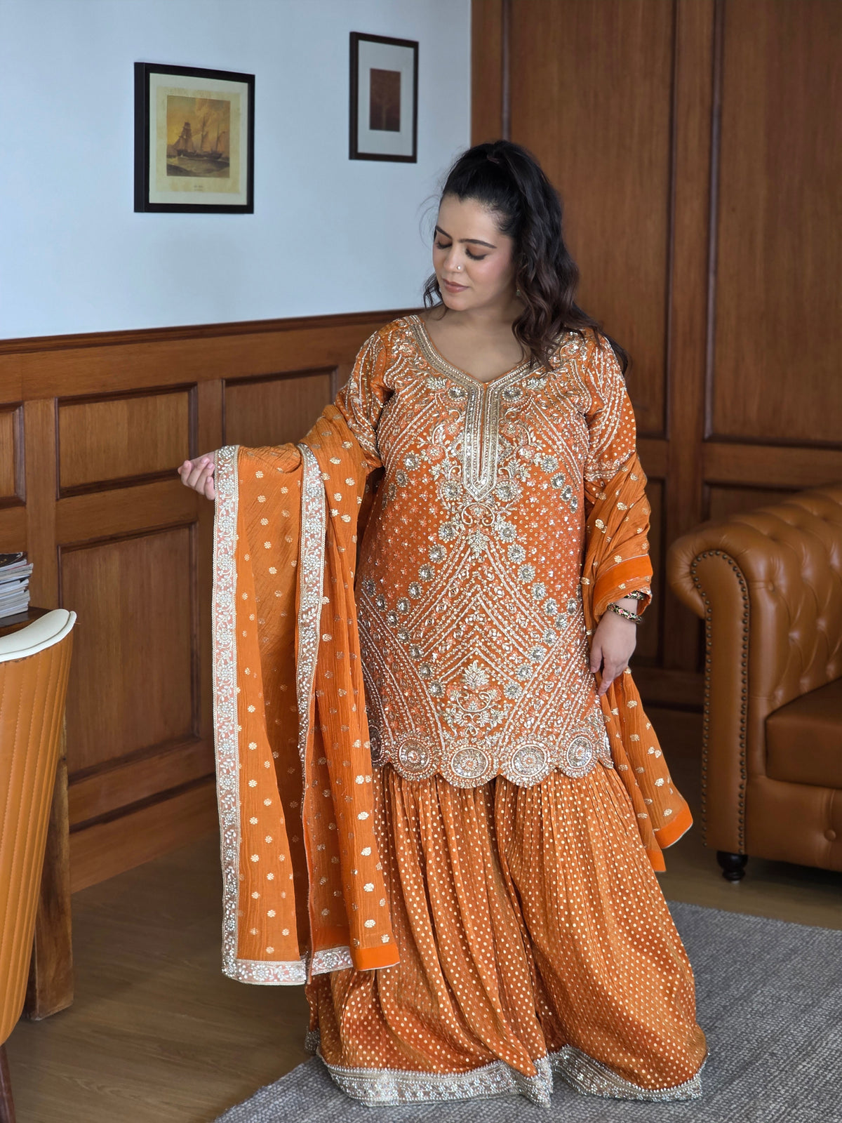 Shimmer silk fabric with banarsi weaving on shirt and garrara detailing dabka pearls sequin jarkan work