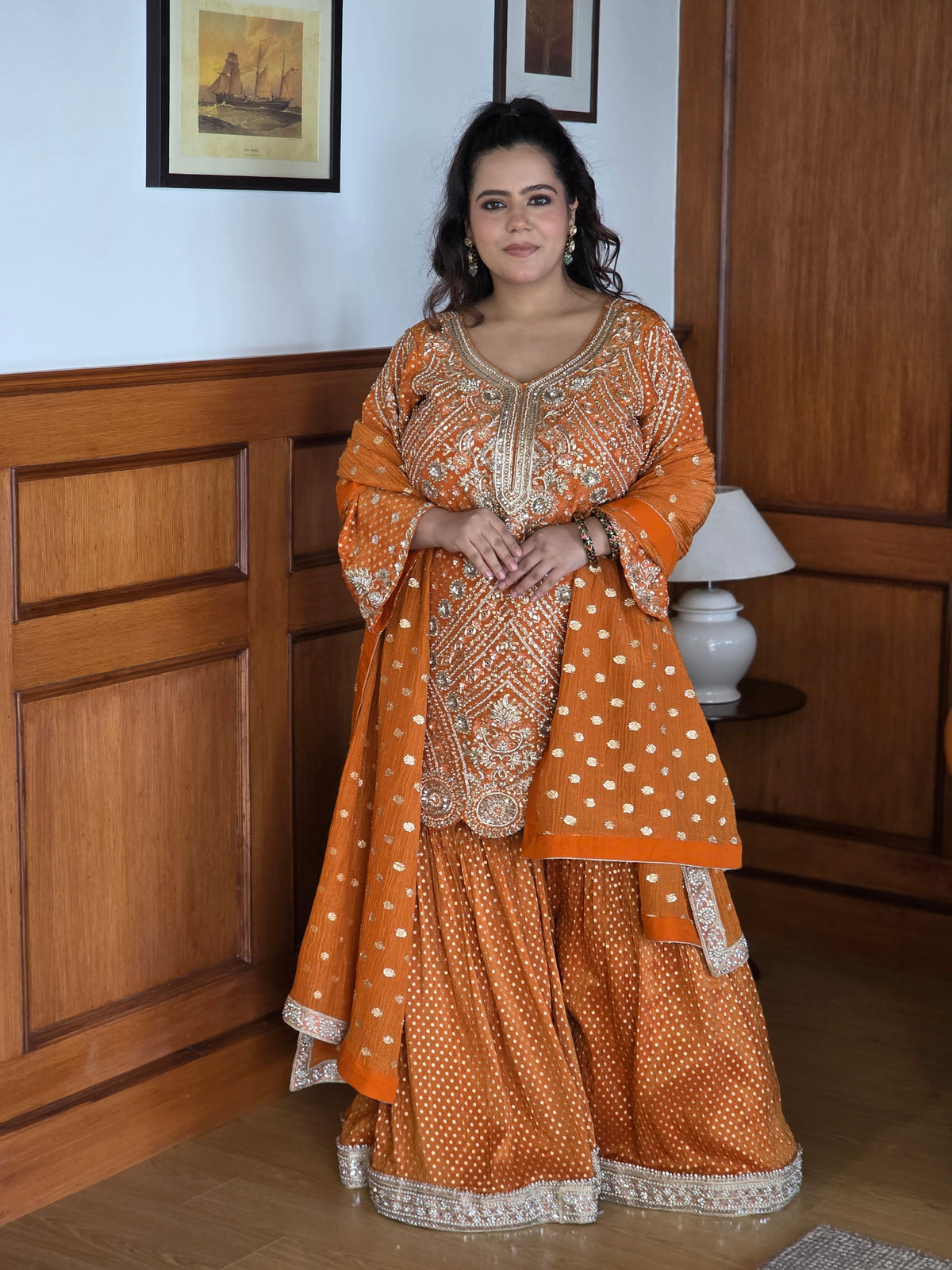 Shimmer silk fabric with banarsi weaving on shirt and garrara detailing dabka pearls sequin jarkan work