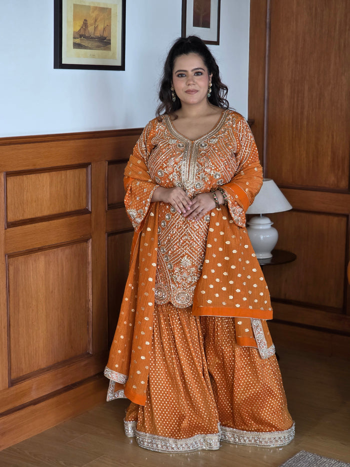 Shimmer silk fabric with banarsi weaving on shirt and garrara detailing dabka pearls sequin jarkan work