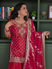 Shimmer silk fabric with mirror dabka detailing banarsi bottom and contrast pink dupatta