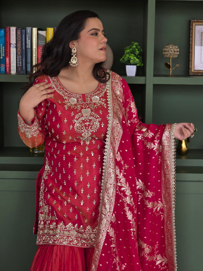 Shimmer silk fabric with mirror dabka detailing banarsi bottom and contrast pink dupatta