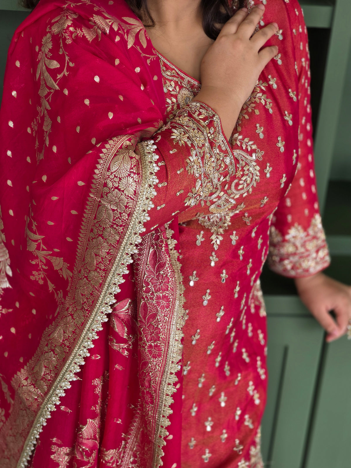 Shimmer silk fabric with mirror dabka detailing banarsi bottom and contrast pink dupatta