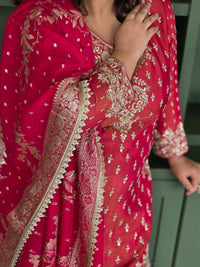 Shimmer silk fabric with mirror dabka detailing banarsi bottom and contrast pink dupatta