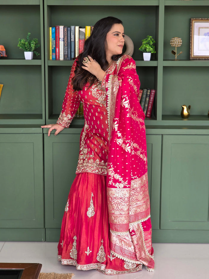 Shimmer silk fabric with mirror dabka detailing banarsi bottom and contrast pink dupatta