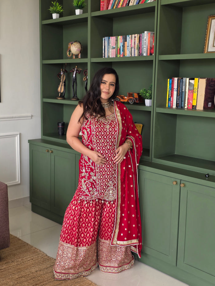 Georgette hand Embroidery Outfit with Mirror Detailing dabka work banarsi bottom