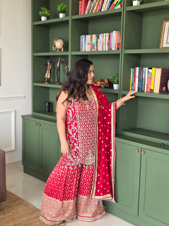 Georgette hand Embroidery Outfit with Mirror Detailing dabka work banarsi bottom