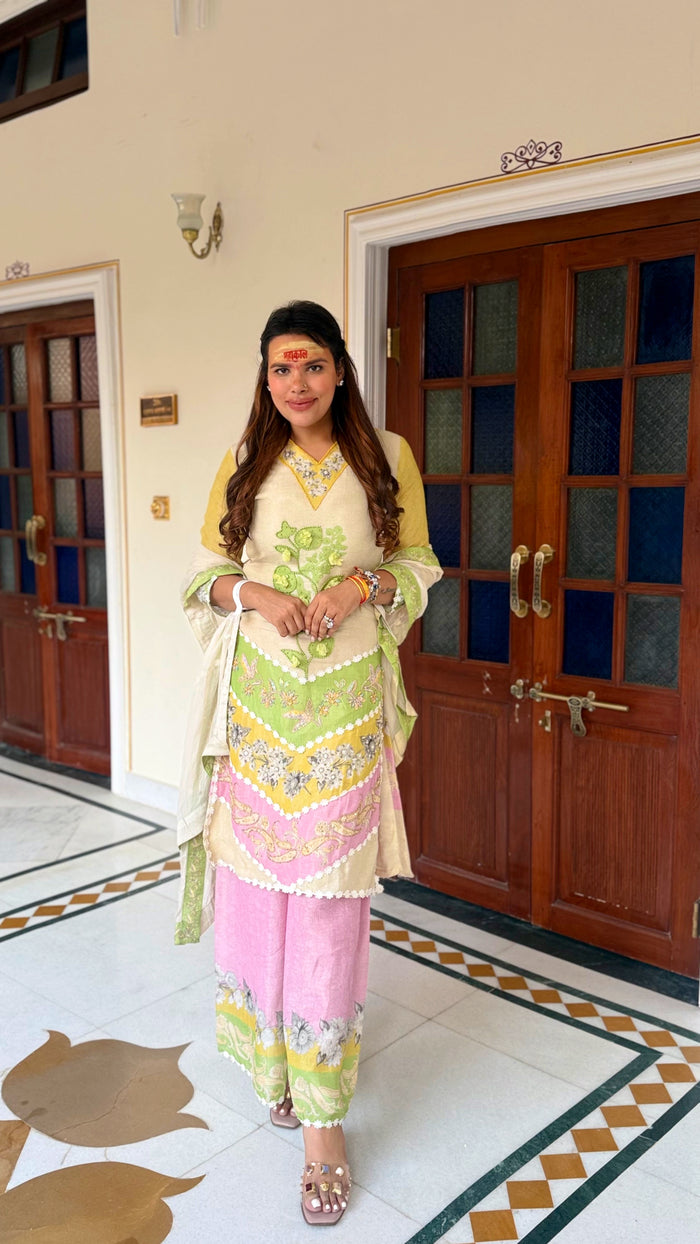 Cotton Shimmer Digital Print Suit with Handwork Detailing