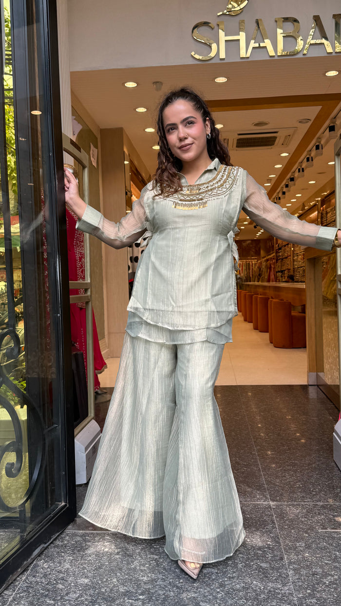 Shimmer Tissue Co-Ord Set with Metal Beads & Sequin Work