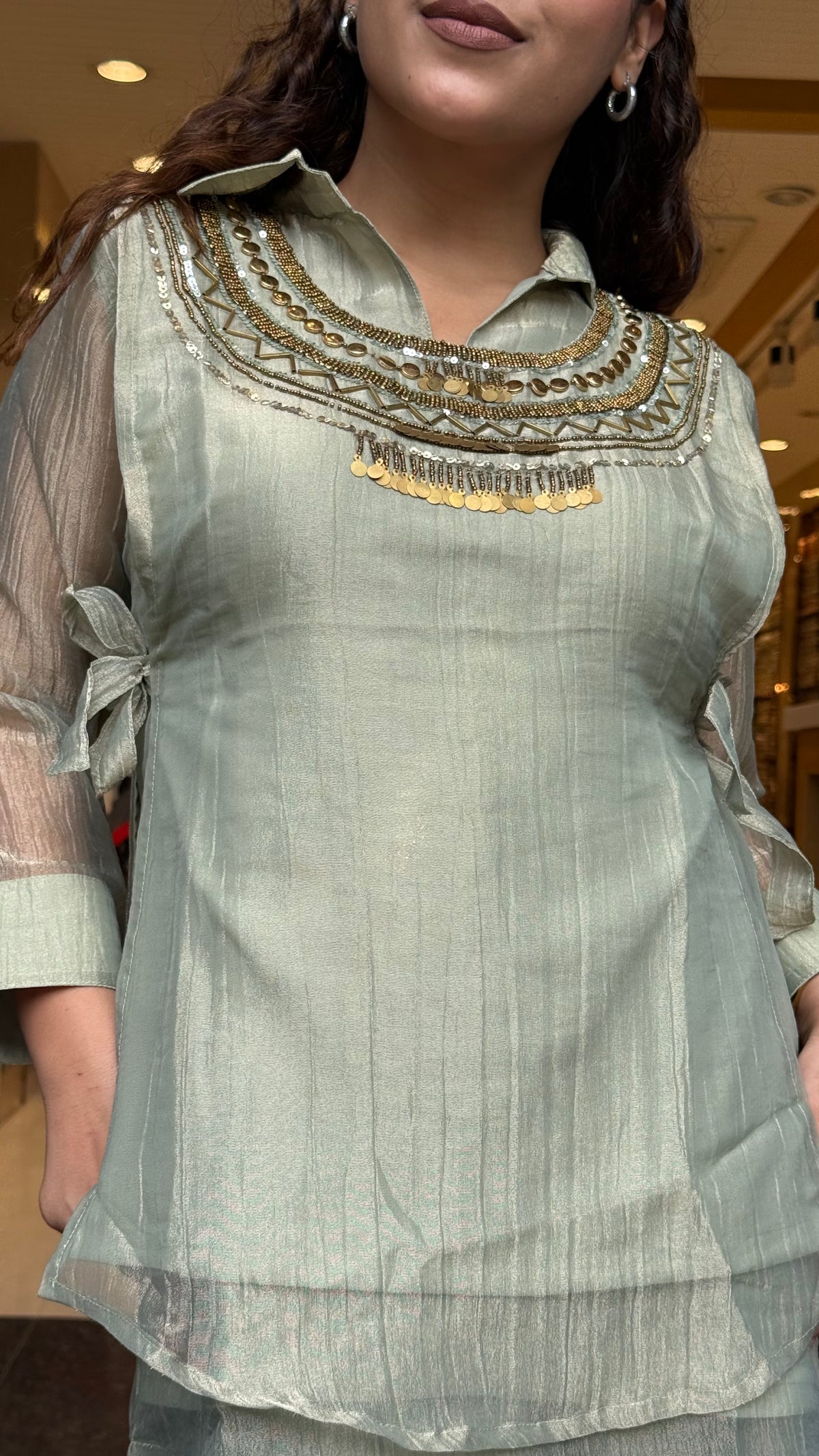 Shimmer Tissue Co-Ord Set with Metal Beads & Sequin Work