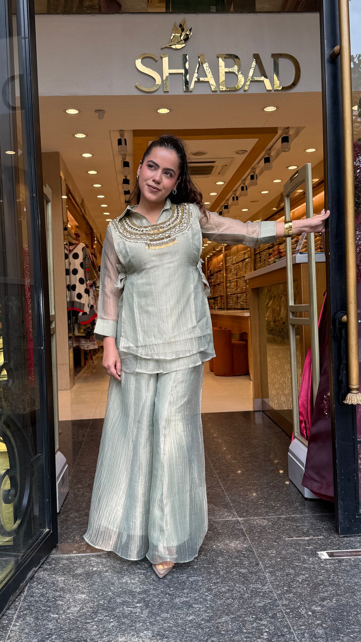 Shimmer Tissue Co-Ord Set with Metal Beads & Sequin Work