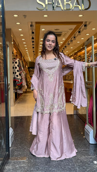 Budget-Friendly Chinon Suit with Neem Zari, Cutdana & Swarovski Work