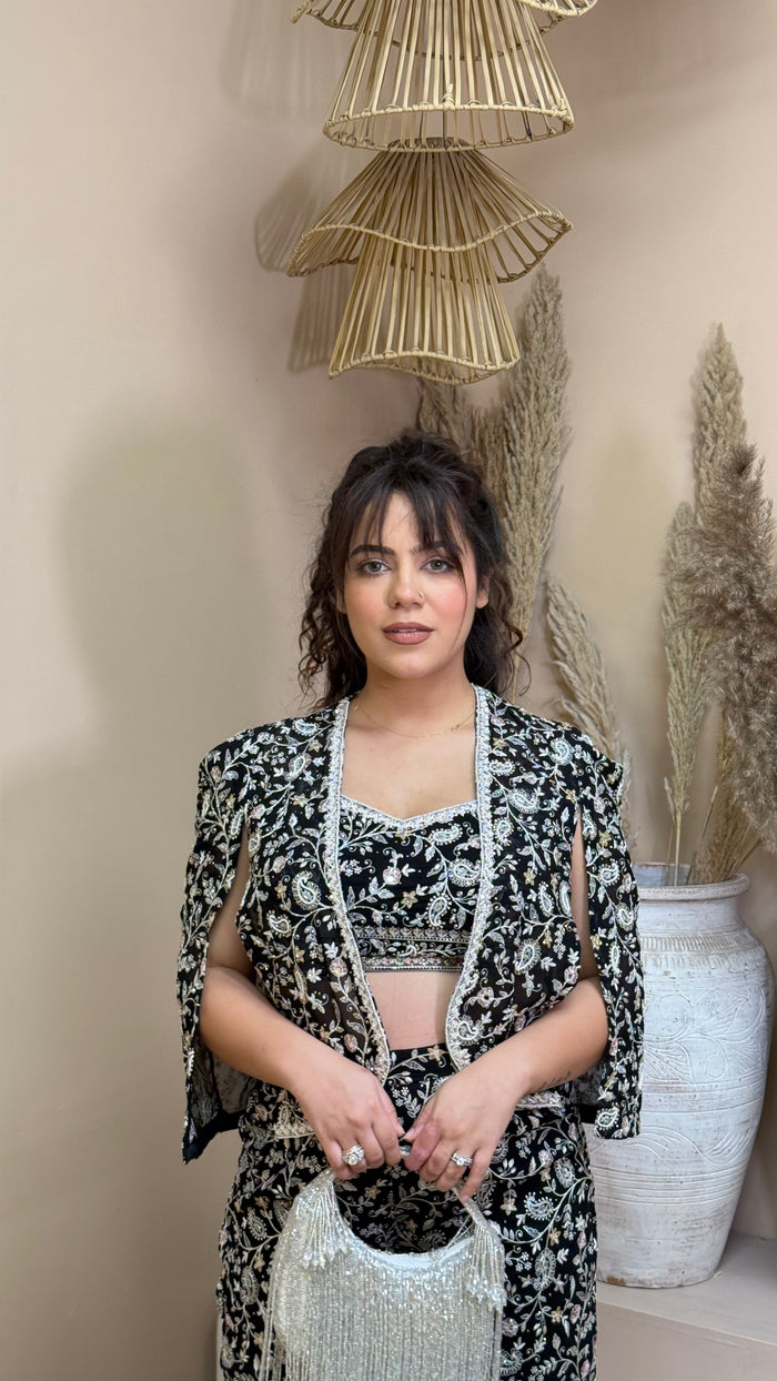 Elegant Indo-Western with White Threadwork Embroidery – Timeless Sophistication