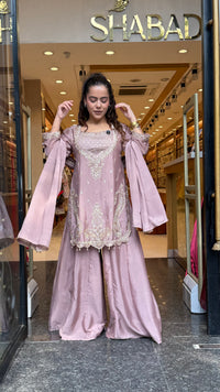 Budget-Friendly Chinon Suit with Neem Zari, Cutdana & Swarovski Work