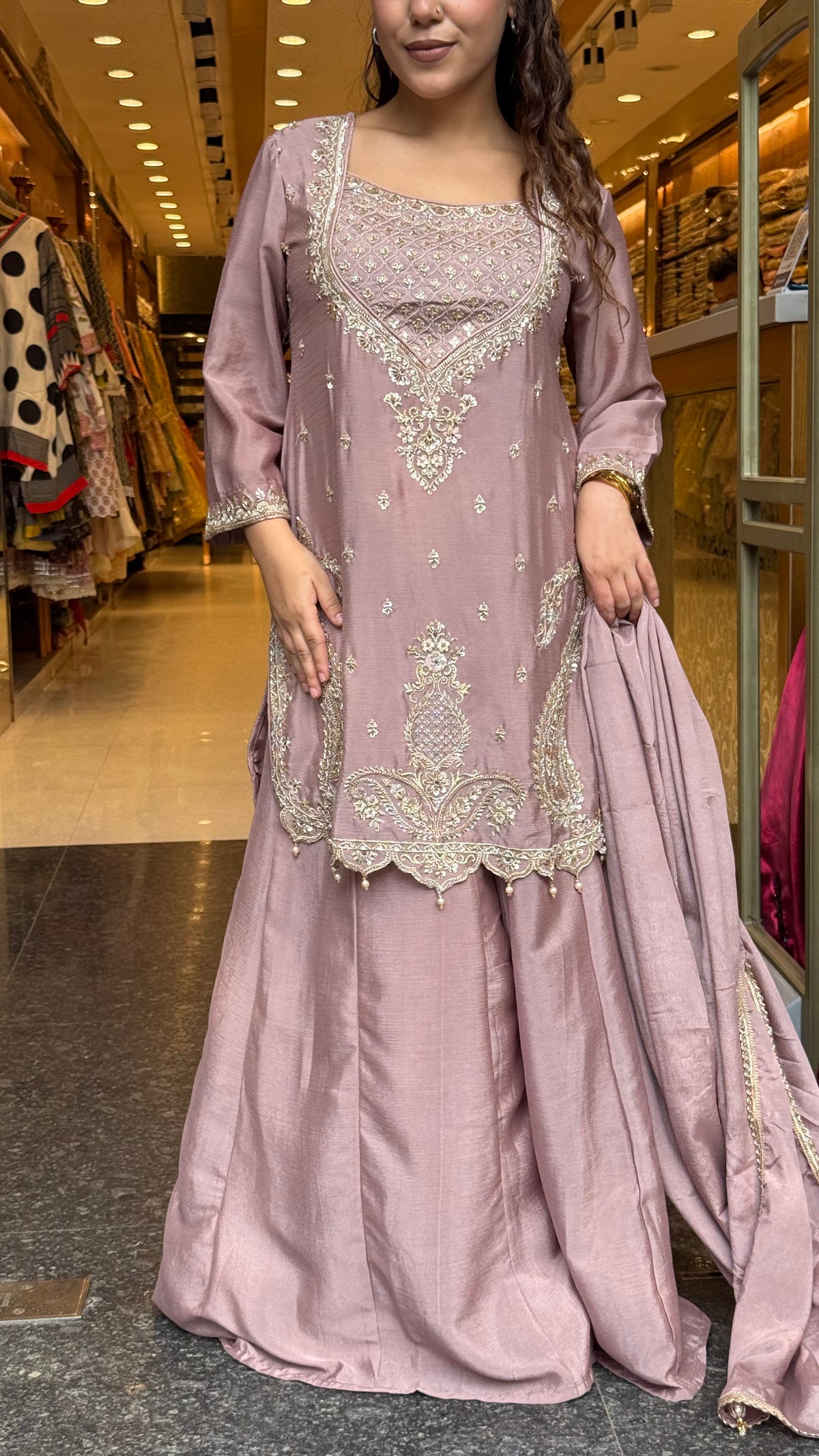 Budget-Friendly Chinon Suit with Neem Zari, Cutdana & Swarovski Work