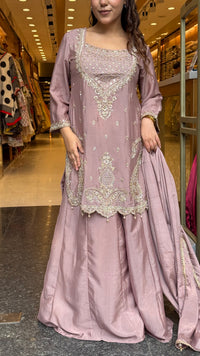 Budget-Friendly Chinon Suit with Neem Zari, Cutdana & Swarovski Work