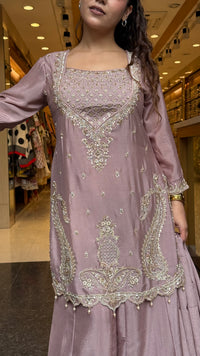 Budget-Friendly Chinon Suit with Neem Zari, Cutdana & Swarovski Work