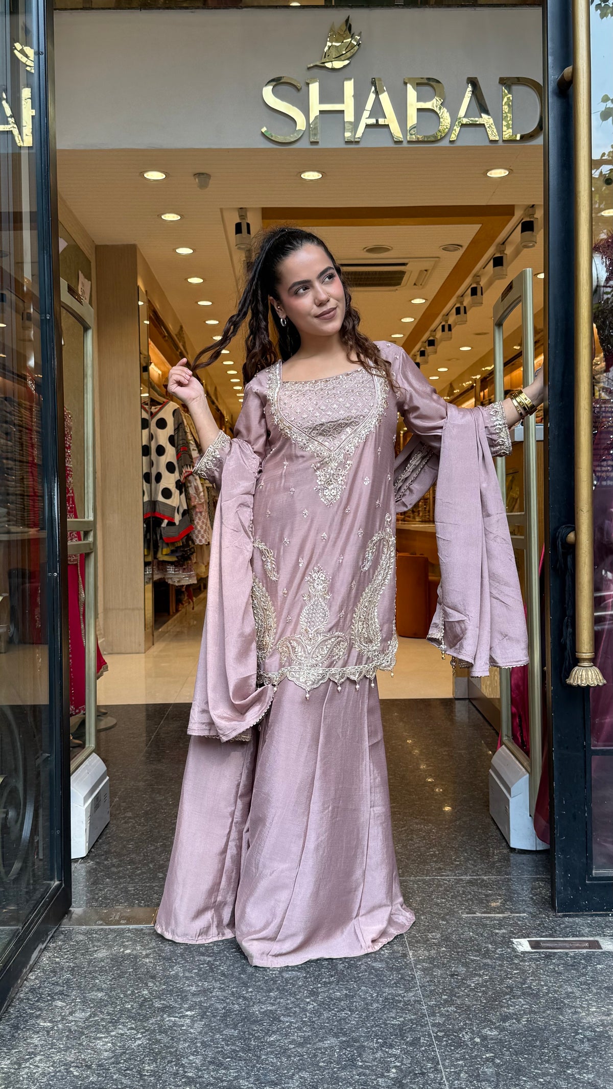 Budget-Friendly Chinon Suit with Neem Zari, Cutdana & Swarovski Work