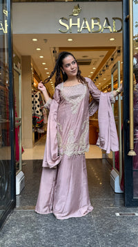 Budget-Friendly Chinon Suit with Neem Zari, Cutdana & Swarovski Work