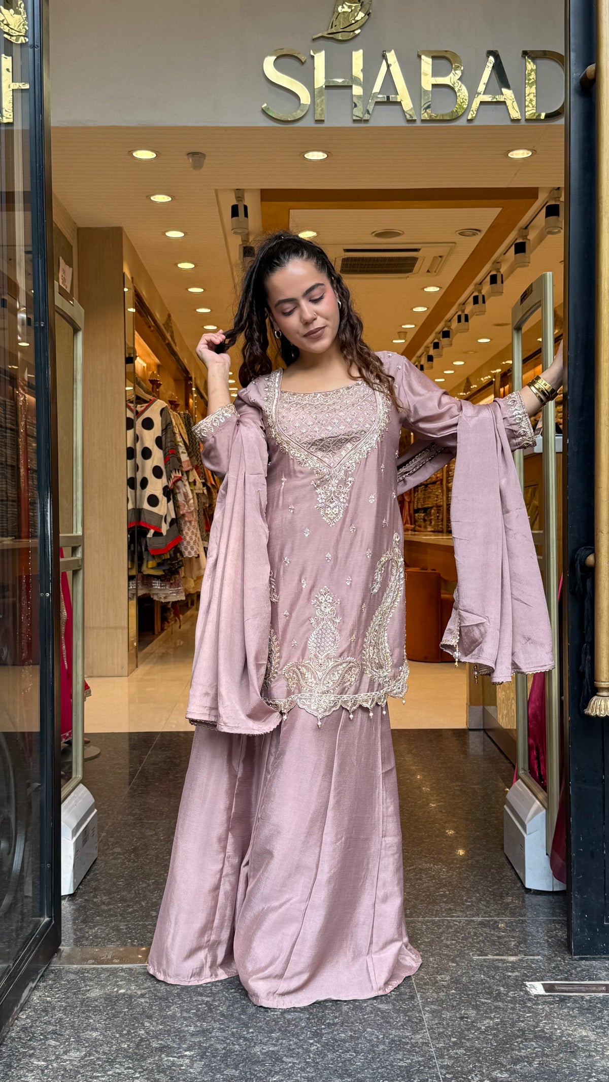 Budget-Friendly Chinon Suit with Neem Zari, Cutdana & Swarovski Work