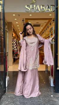 Budget-Friendly Chinon Suit with Neem Zari, Cutdana & Swarovski Work