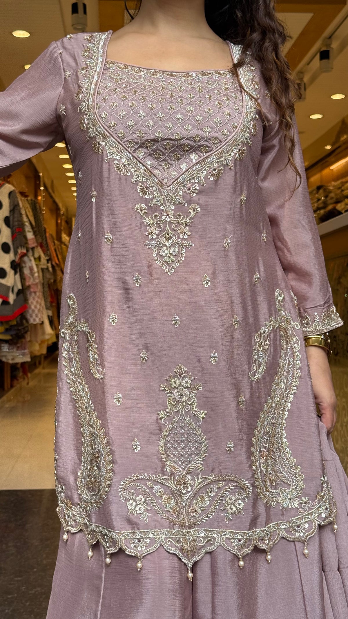 Budget-Friendly Chinon Suit with Neem Zari, Cutdana & Swarovski Work