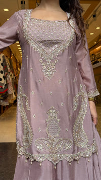 Budget-Friendly Chinon Suit with Neem Zari, Cutdana & Swarovski Work