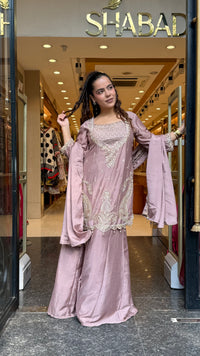 Budget-Friendly Chinon Suit with Neem Zari, Cutdana & Swarovski Work