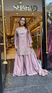 Budget-Friendly Chinon Suit with Neem Zari, Cutdana & Swarovski Work