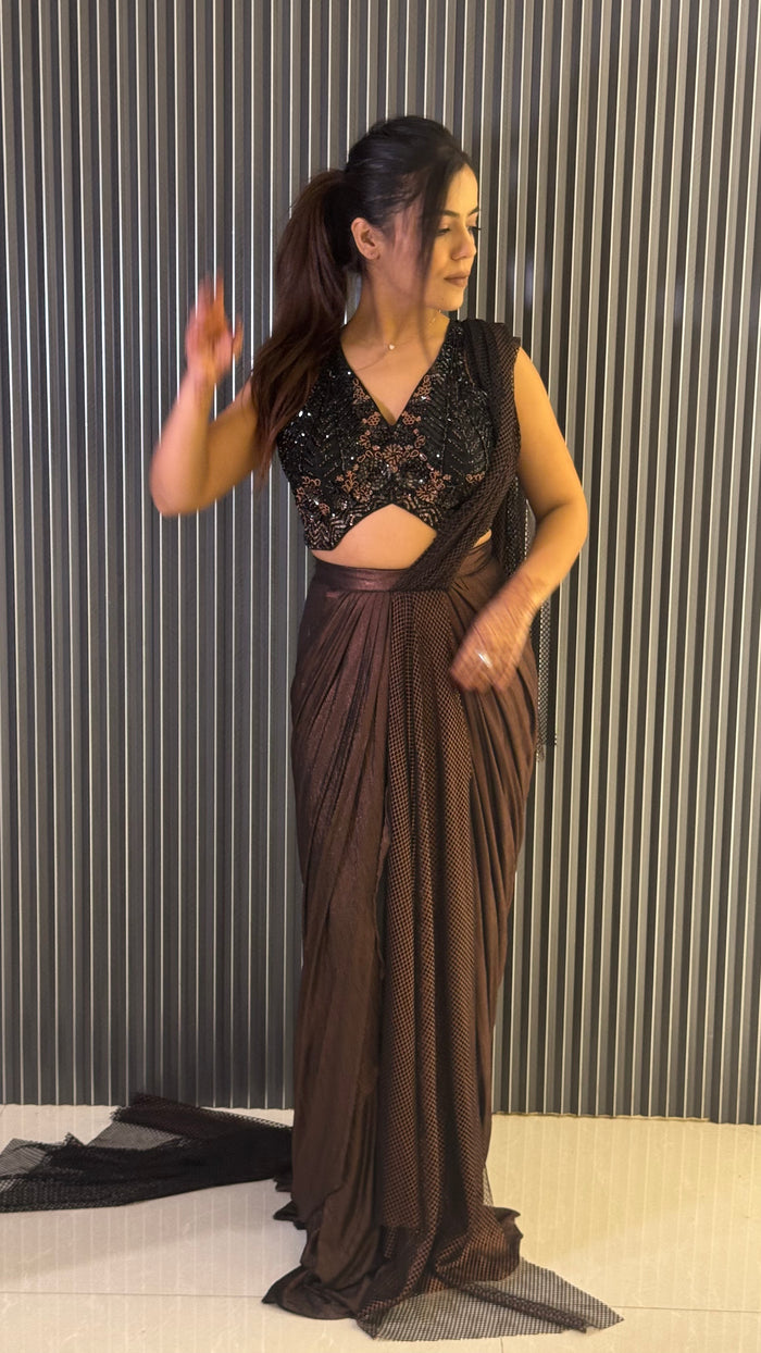 Elegant Black Saree with Brown Cutdana & Pearl-Embellished Blouse