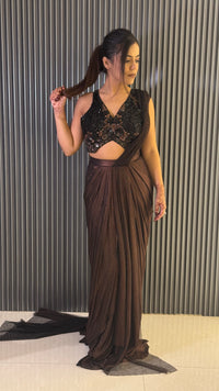 Elegant Black Saree with Brown Cutdana & Pearl-Embellished Blouse